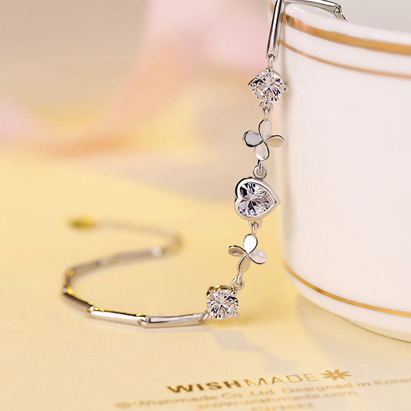 Pulsera de plata de ley S925 con diseño de San Valentín y festival Qixi, joyería de moda, pulsera de plata, nuevo trébol en forma de corazón