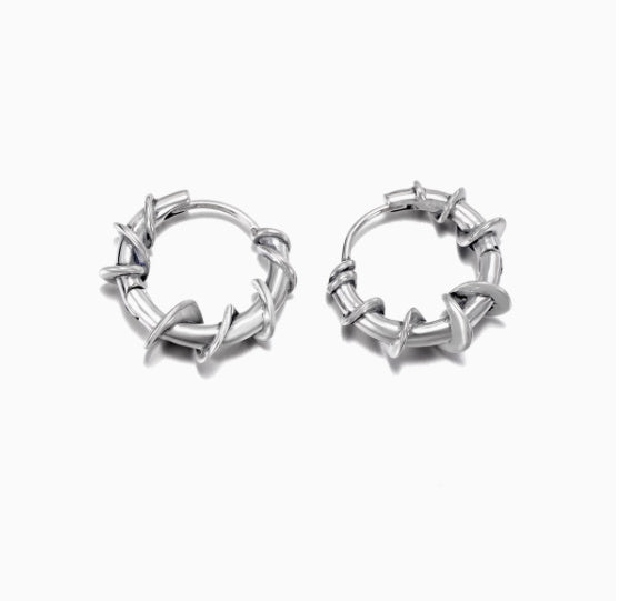 S925 Sterling Silver Thorn Winding Earrings Men's Hip Hop Fashion