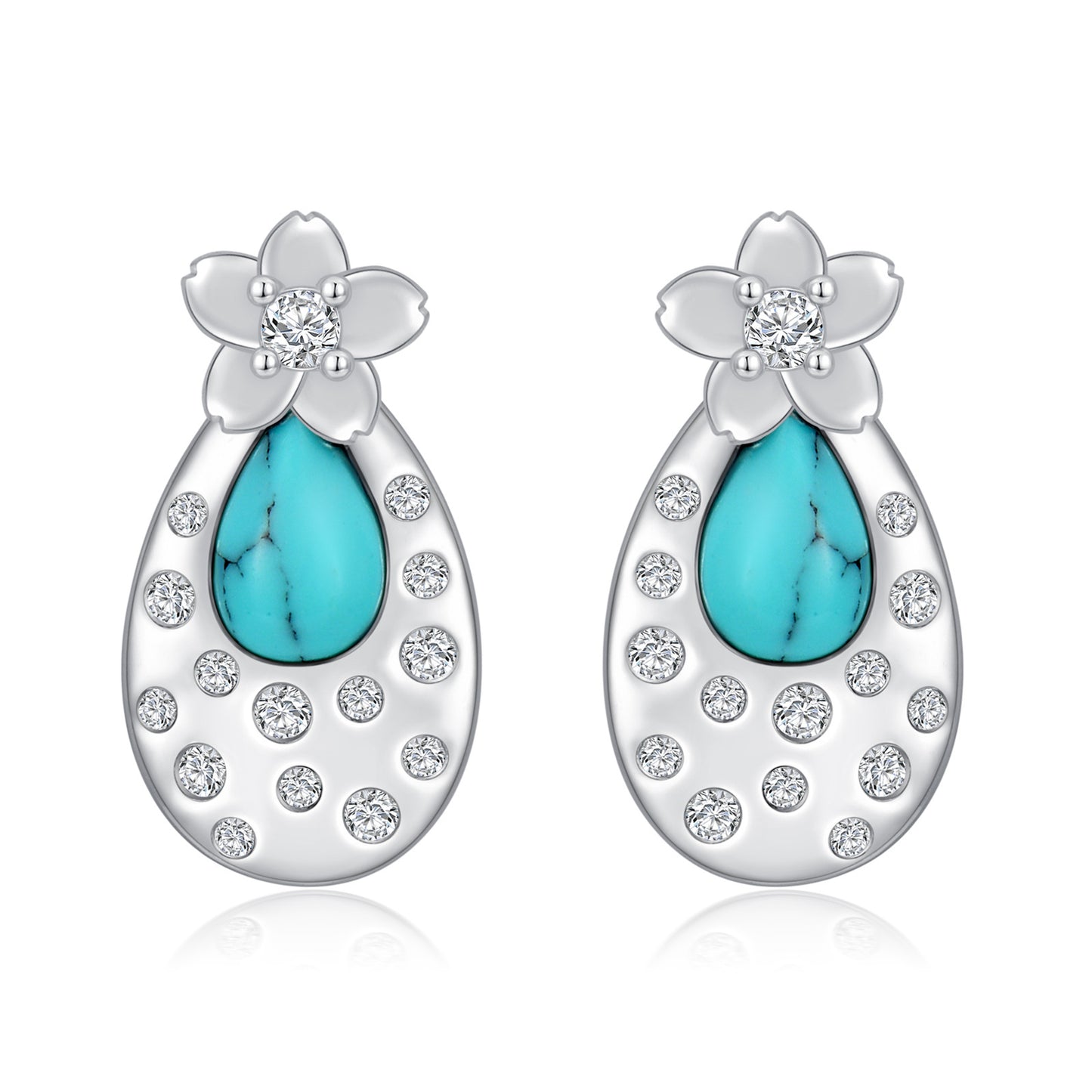 Turquoise Cherry Blossom 925 Sterling Silver Stud Earrings