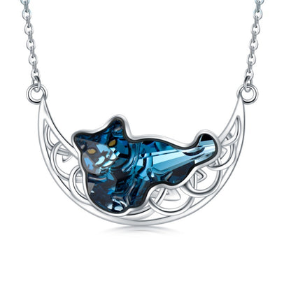 Collar de gato y luna celta con cristal azul en plata de ley S925