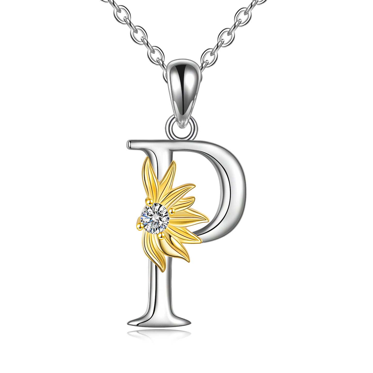 Collar con colgante con nombre y letra A del alfabeto inicial en plata de ley con girasol