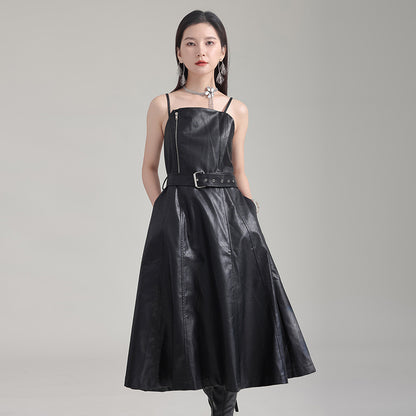 Robe taille haute amincissante en cuir PU rétro à taille contrôlée