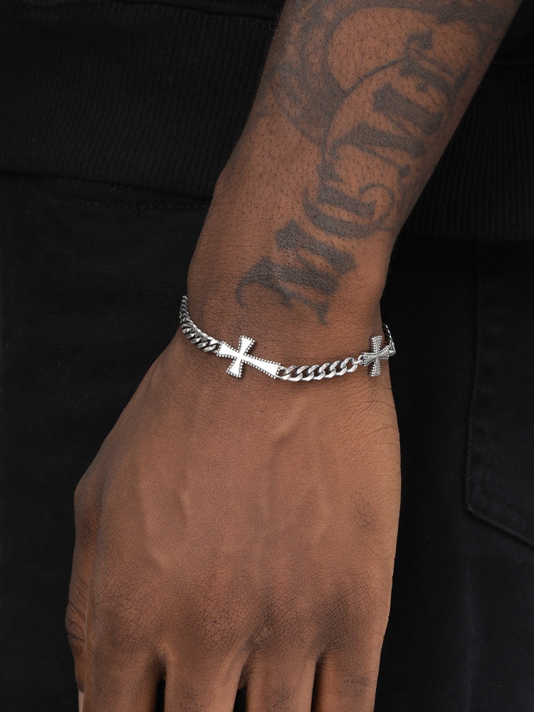 Bracelet chaîne à maillons cubains à double croix en argent sterling pour homme Hip Hop