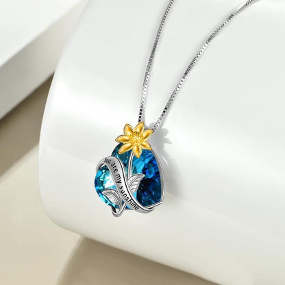 You Are My Sunshine Sunflower Pendant Necklace In Sterling Silver With Crystal