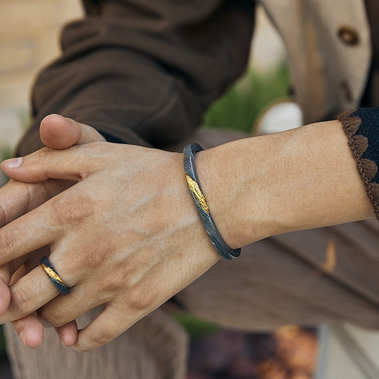 Bracelet Homme Argent Pur Personnalisé Rétro Serti En Or 24K