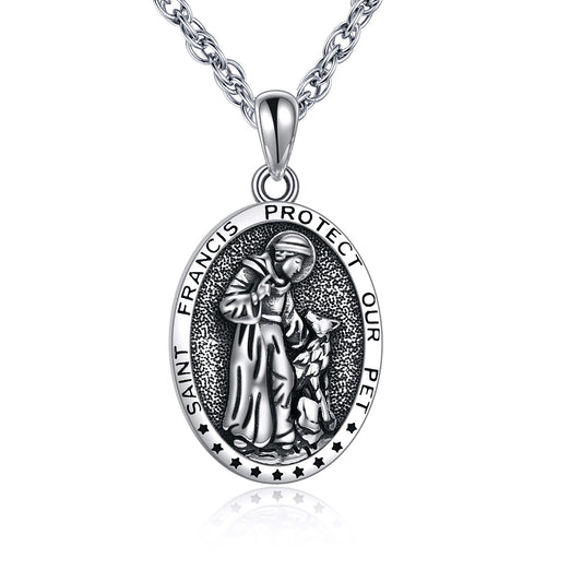 Collier pendentif médaille religieuse Saint François en argent sterling