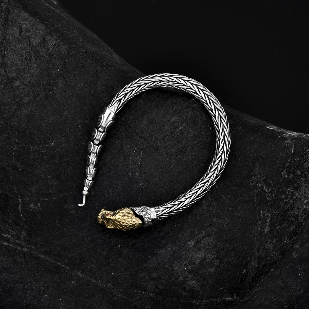 Bracelet personnalisé en argent sterling avec dragon entrant dans la mer, style rétro vieilli