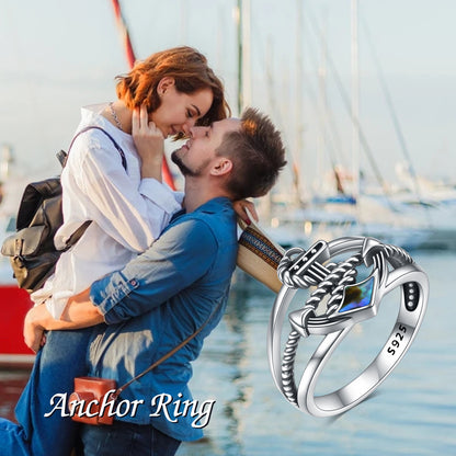 Bague en argent sterling avec ancre bleue nautique