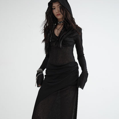 Robe à capuche en tricot semi-transparent de style sombre en deux pièces superposées