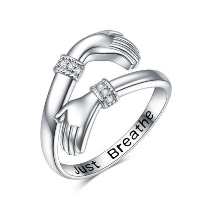 Anillos de abrazo Just Breathe para mujer, anillo de mano ajustable de plata esterlina, regalo de joyería para mujeres y niñas