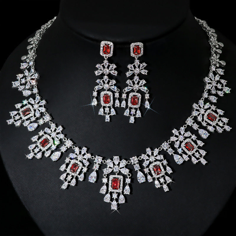 European And American Fashion Retro Square Zircon Necklace Earrings