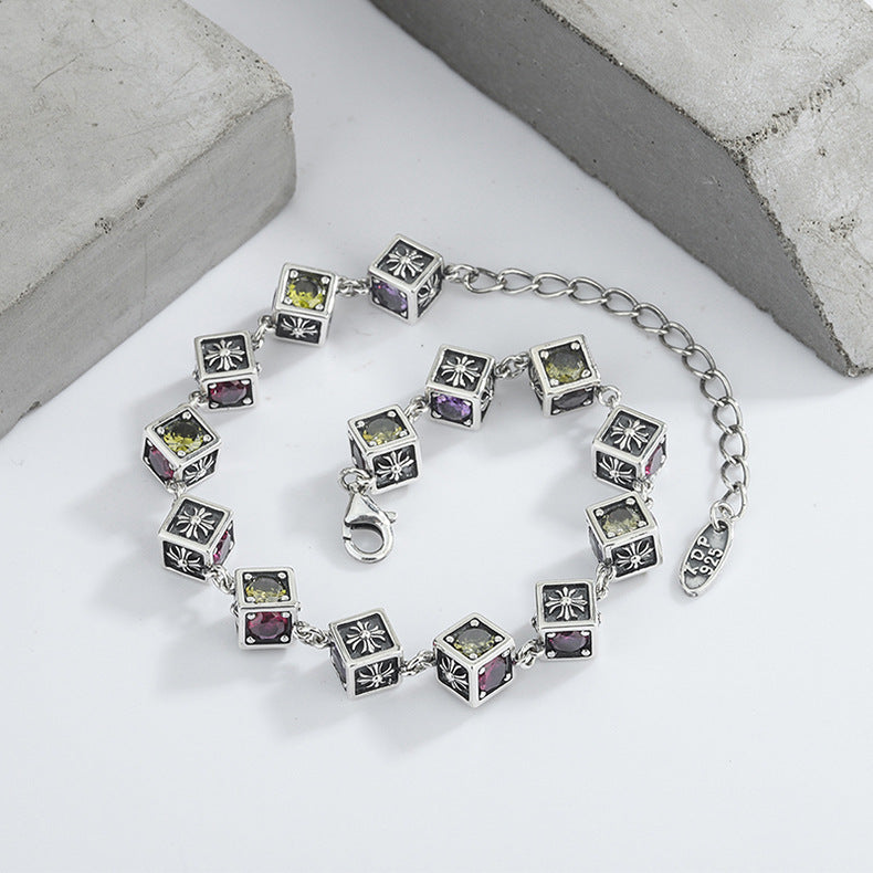 925 Sterling Silver Tide Square Cross Rainbow Zircon Dice Bracelet