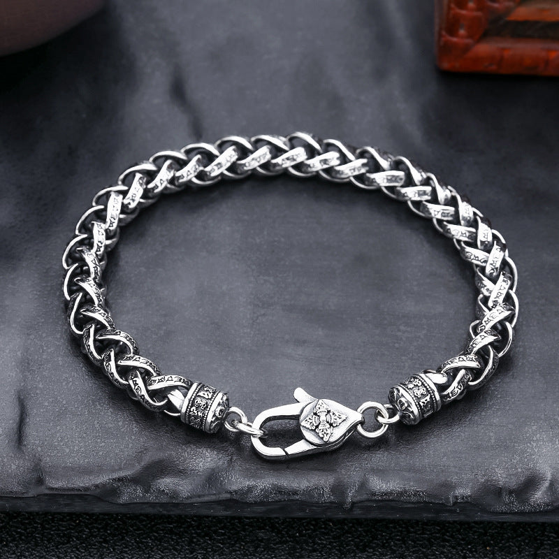 Pulsera tejida de plata de ley con mantra de seis palabras para hombre