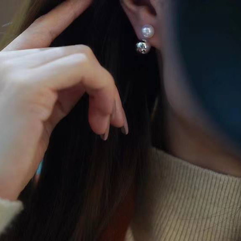 Pearl And Small Gold Ball Combined With Gold Earrings