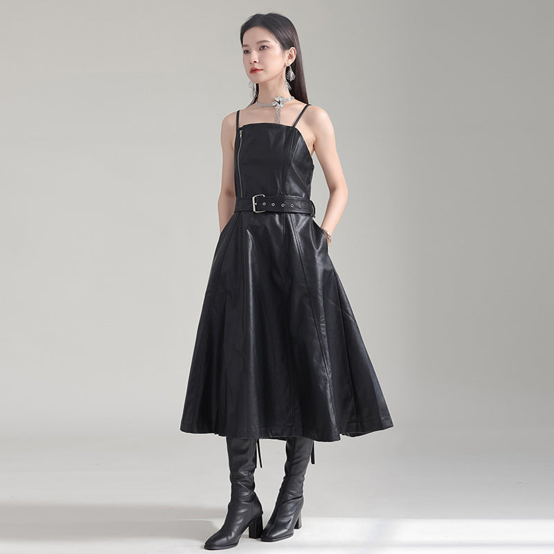 Robe taille haute amincissante en cuir PU rétro à taille contrôlée