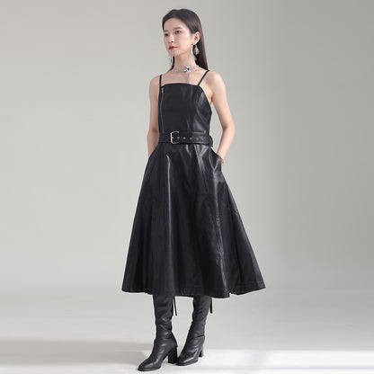 Robe taille haute amincissante en cuir PU rétro à taille contrôlée