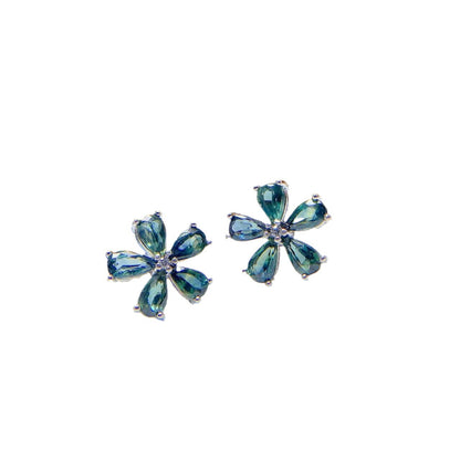 Colored Gems Jewelry 925 Silver Inlaid Natural Sapphire Water Drop Flower Stud Earrings