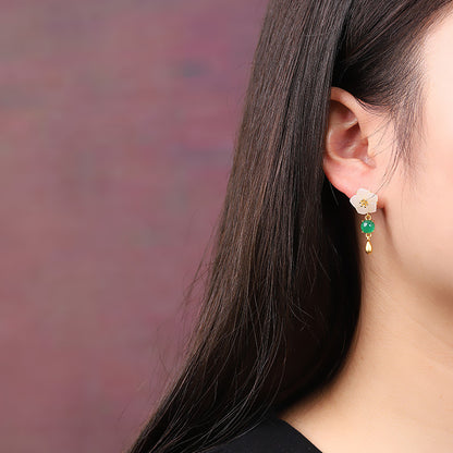 Fashion S925 Silver Plated Women's Floral Hetian Jade Ear Studs