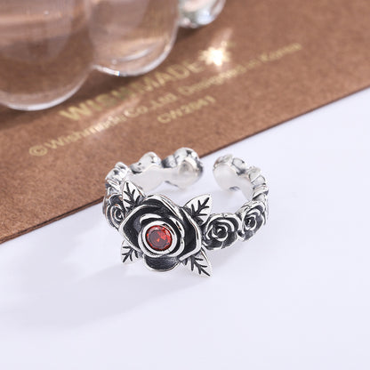 Bague en argent sterling S925 avec chaîne en épine de rose et zircone rouge