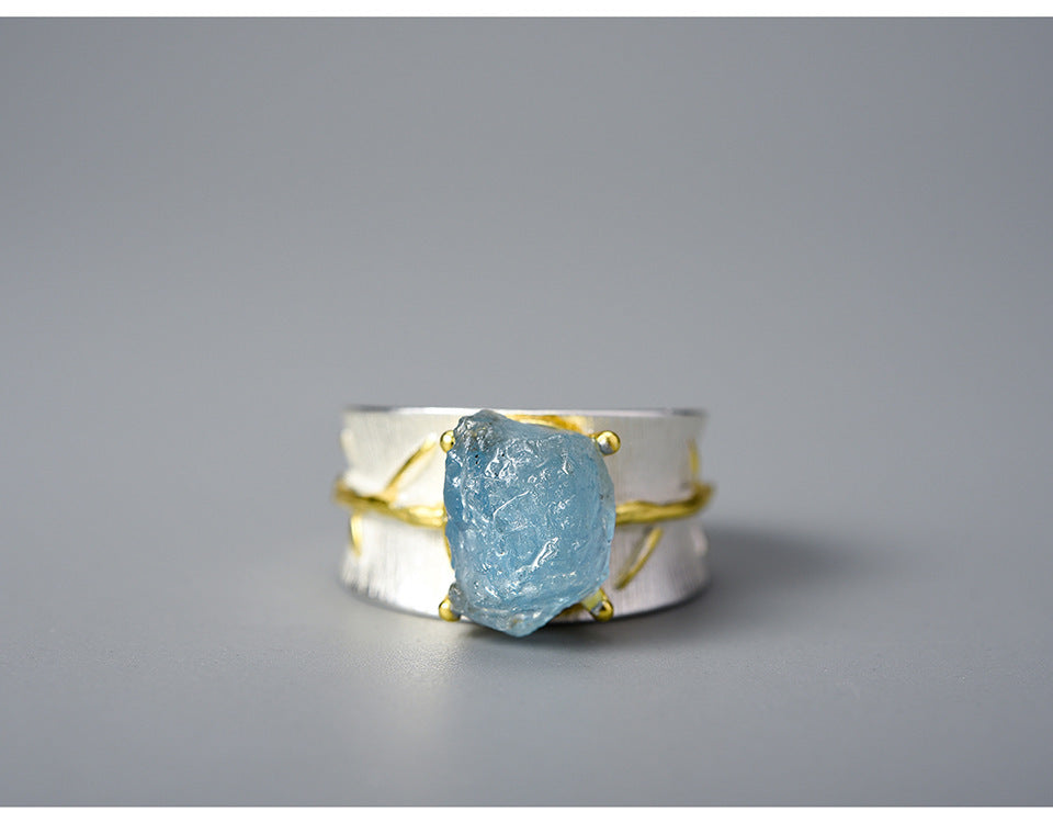 S925 Women's Long Leaf Aquamarine Ring