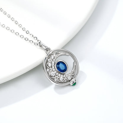 S925 Silver Inlaid Natural Sapphire Necklace Women's Original Design Can Rotate The Moon