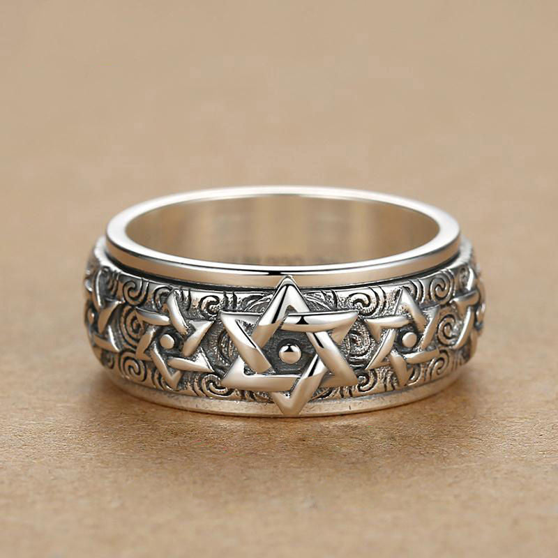 Turnable S925 Silver Ring Men's Retro Hexagram Wide Version