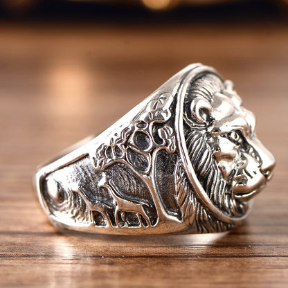 Sterling Silver Ornament Domineering Lion Head Beast Man Ring