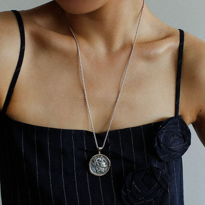 Collier long en argent avec pièce de monnaie pour femme, chaîne simple et rétro