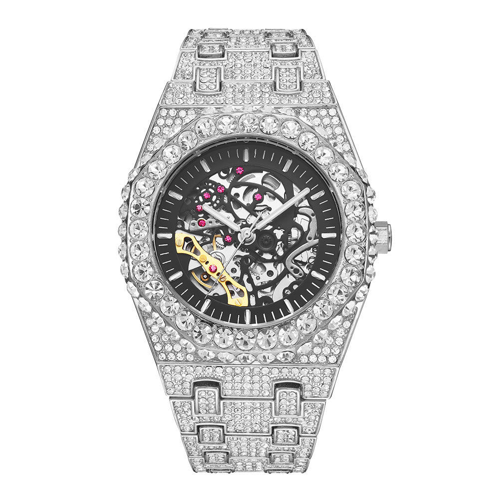 Reloj mecánico automático de fiesta de hip hop con diamantes completos