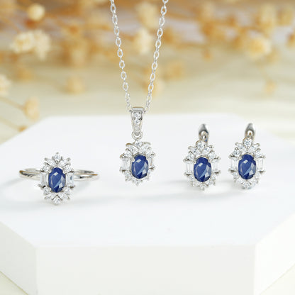 S925 Silver Natural Sapphire Geometric Earrings Necklace Ring Set Women's Light Luxury High Class Elegant Jewelry Three-piece Set