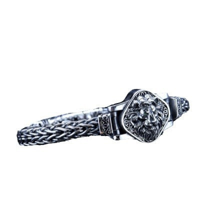 Pulsera de león dominante tejida a mano vintage de plata esterlina S925 estilo étnico