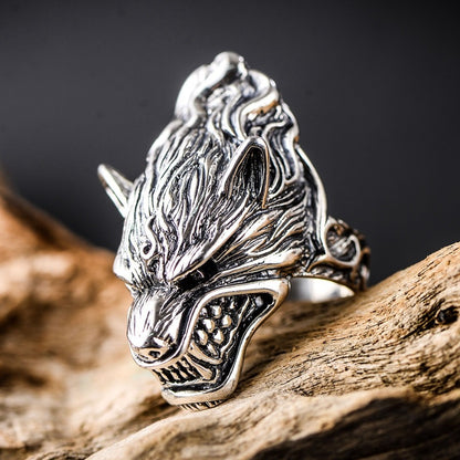 925 Sterling Silver Jewelry Rough Wolf Head Male Ring