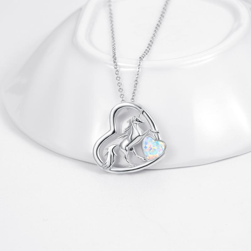 S925 Sterling Silver Unicorn Pendant Opal Heart Necklace Animal Jewelry