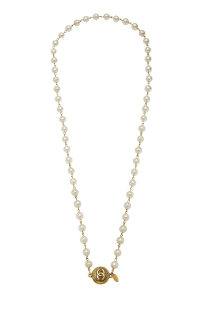 Chanel, Pre-Loved Gold & Faux Pearl 'CC' Sunburst Necklace, Gold