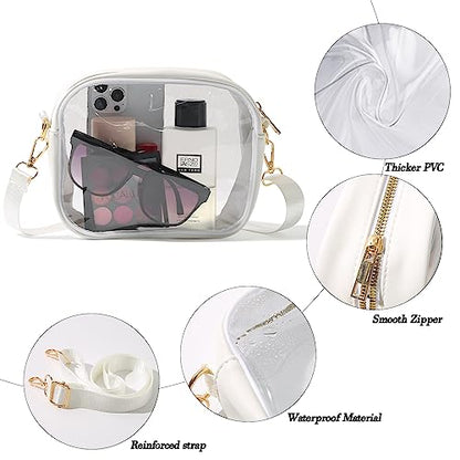 TOBVZOO Clear Purse Crossbody Bag for Women Stadium Approved, Small Leather Clear Bag with Adjustable Strap for Concert Sports Events (White)