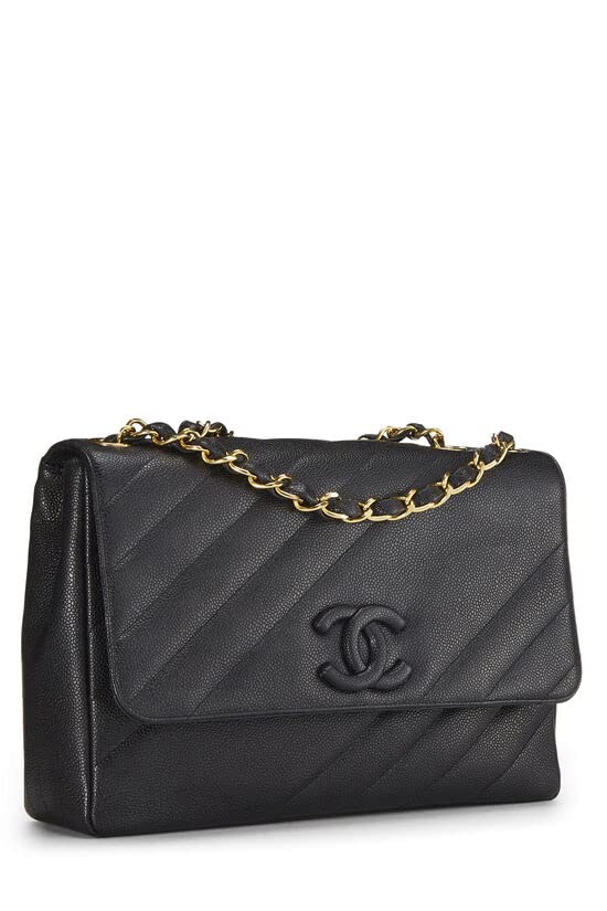 CHANEL, Sac à main Jumbo à rabat diagonal Black Caviar d'occasion, Noir