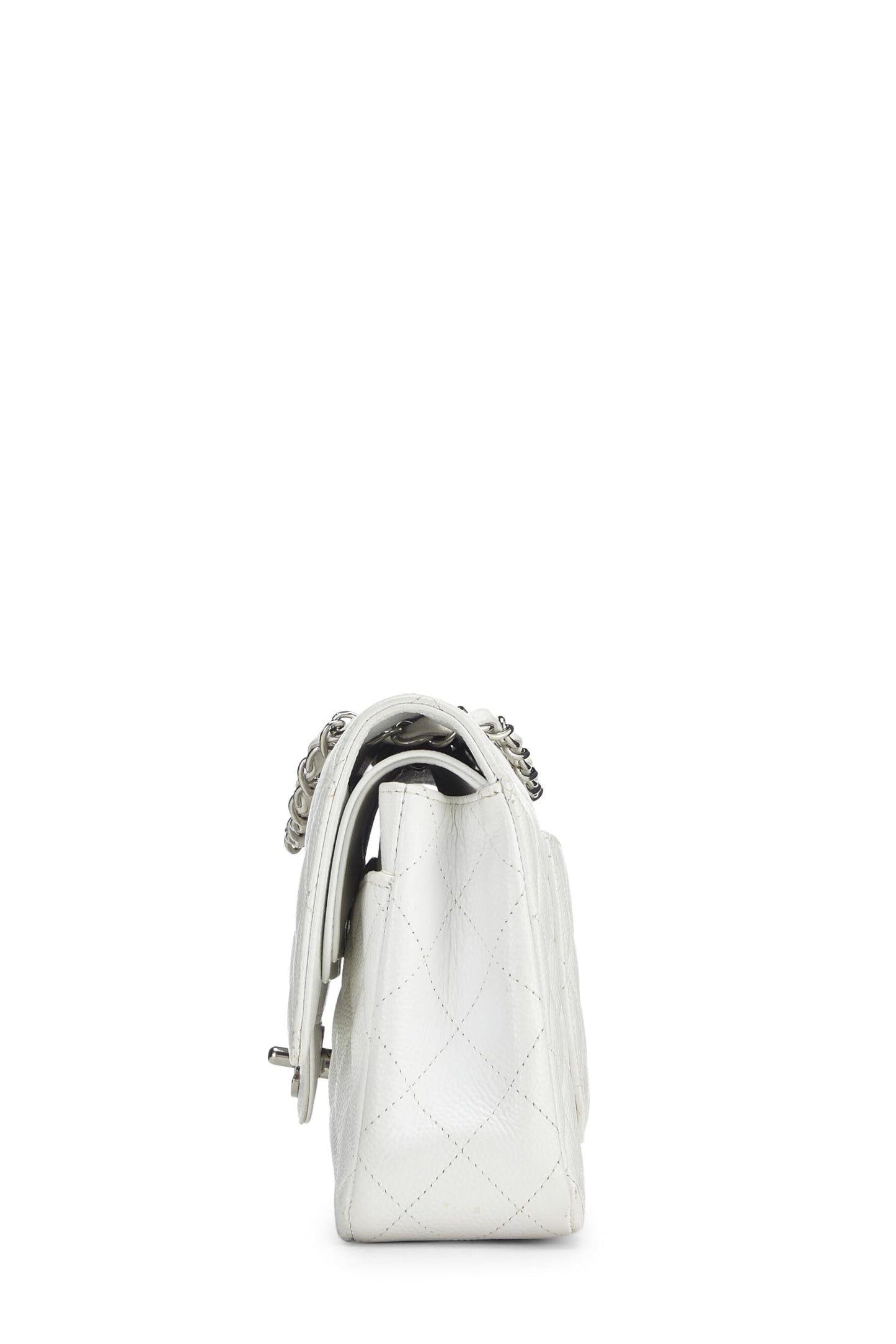 Chanel, sac à main matelassé à double rabat classique Caviar blanc d'occasion, taille M, blanc