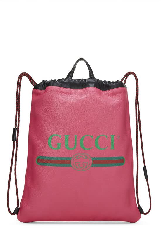 Gucci, sac à dos à cordon de serrage en cuir rose avec logo imprimé, grand modèle, rose