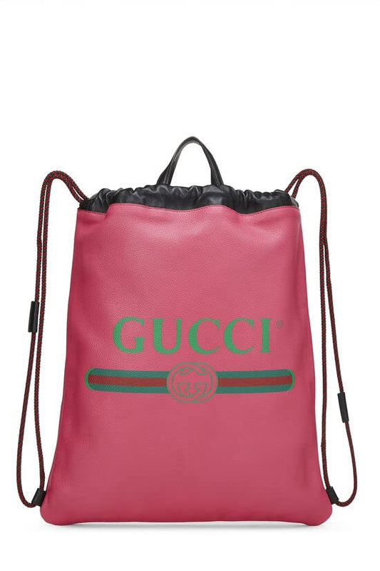 Gucci, sac à dos à cordon de serrage en cuir rose avec logo imprimé, grand modèle, rose