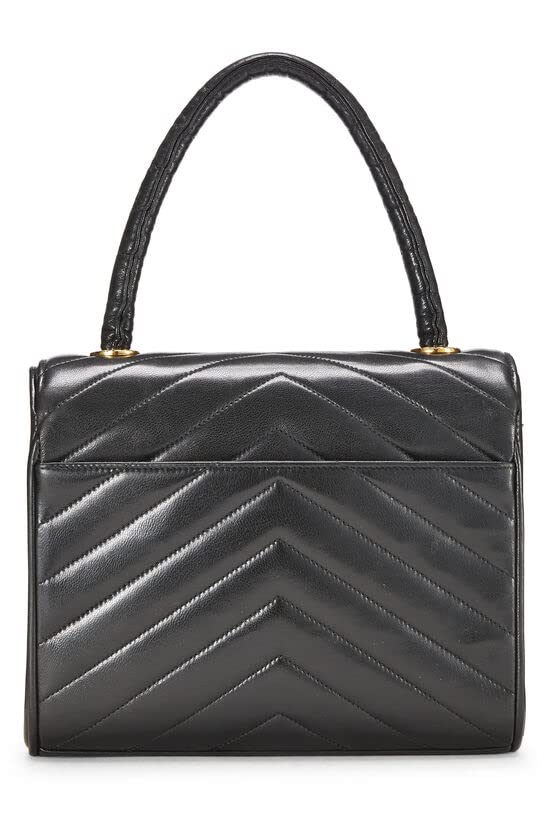 CHANEL, Bolso con asa superior de piel de cordero con chevron negro Pre-Loved, Negro