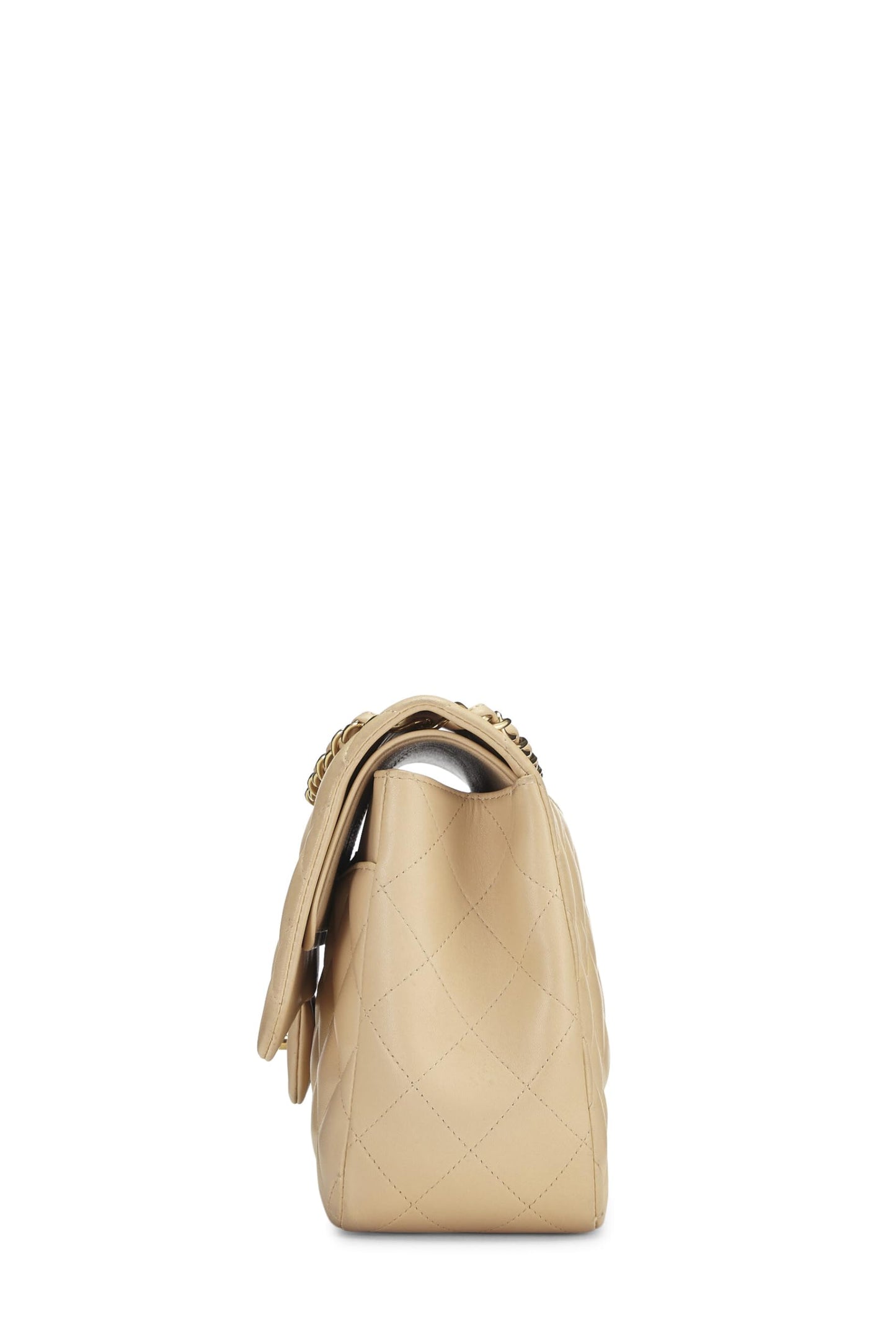 Chanel, Piel de cordero acolchada beige Pre-Loved New Classic Jumbo con doble solapa, Beige