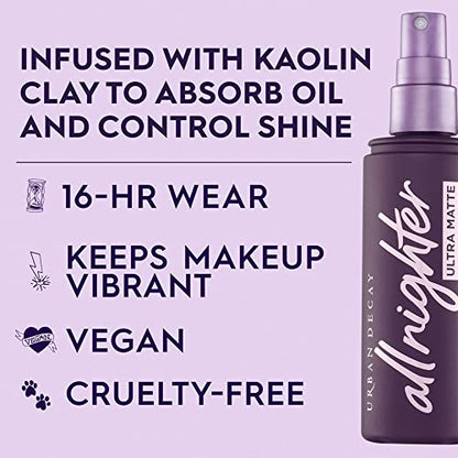 Urban Decay All Nighter Ultra Matte Makeup Setting Spray for Face (Full Size), Transfer-proof, Long-lasting 16 HR Wear, with Oil-absorbing Kaolin Clay, Matte Finish, Vegan - 4 fl oz