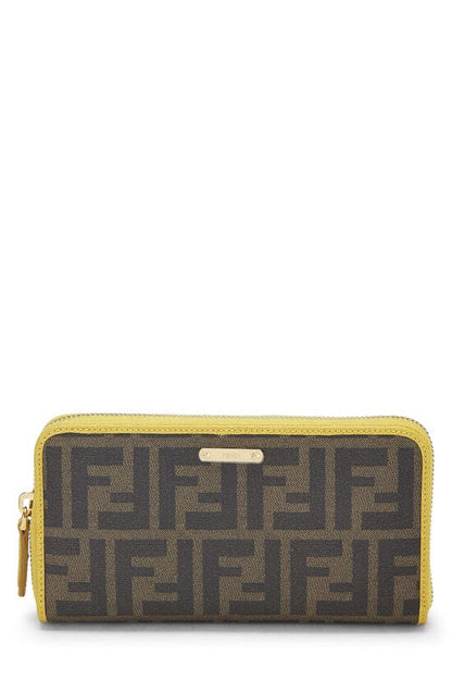 Fendi, Cartera con cremallera alrededor de lona revestida Zucca amarilla Pre-Loved, Marrón