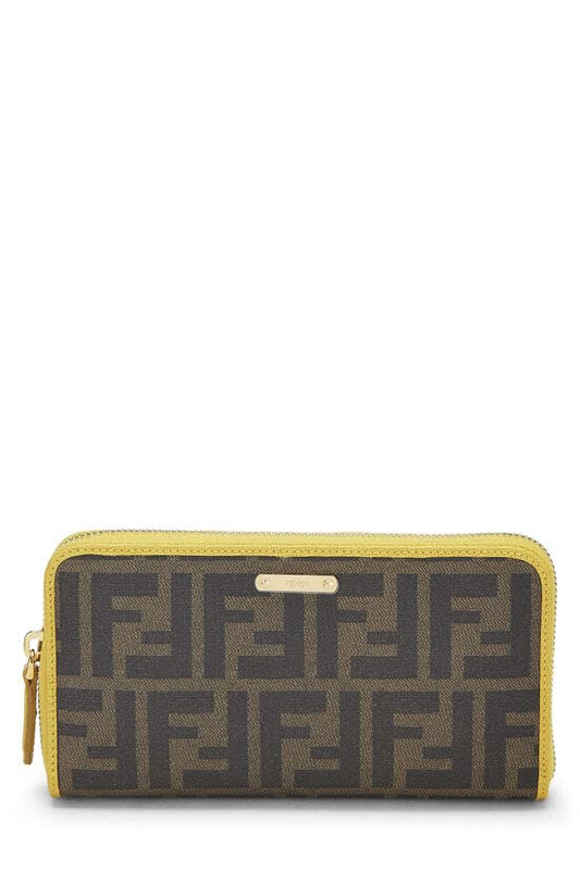 Fendi, portefeuille zippé en toile enduite jaune Zucca d'occasion, marron