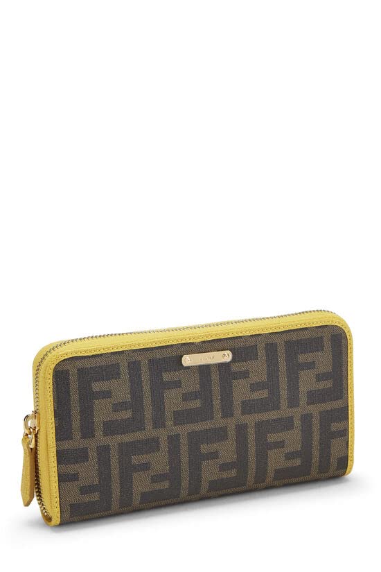 Fendi, Cartera con cremallera alrededor de lona revestida Zucca amarilla Pre-Loved, Marrón