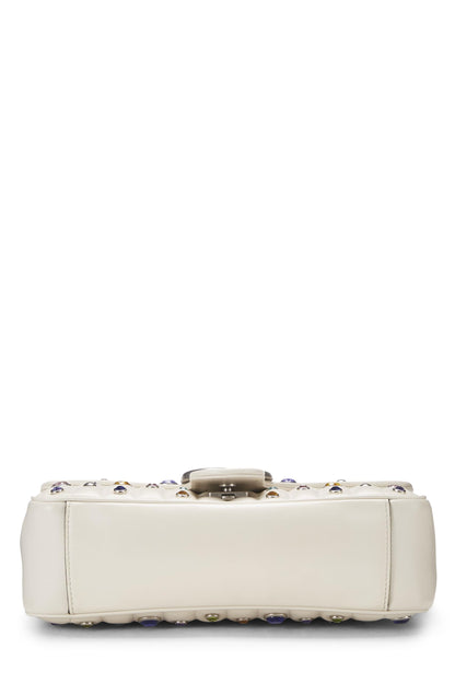 Gucci, Pre-Loved White Leather Crystal Embellished GG Marmont Shoulder Bag, White