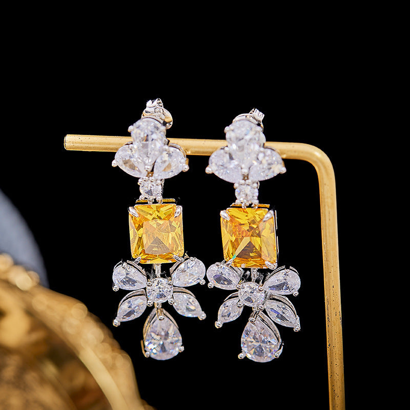 Fashion European And American Style Yellow Diamond Earrings Female Creative Personality Inlaid Imported Zircon