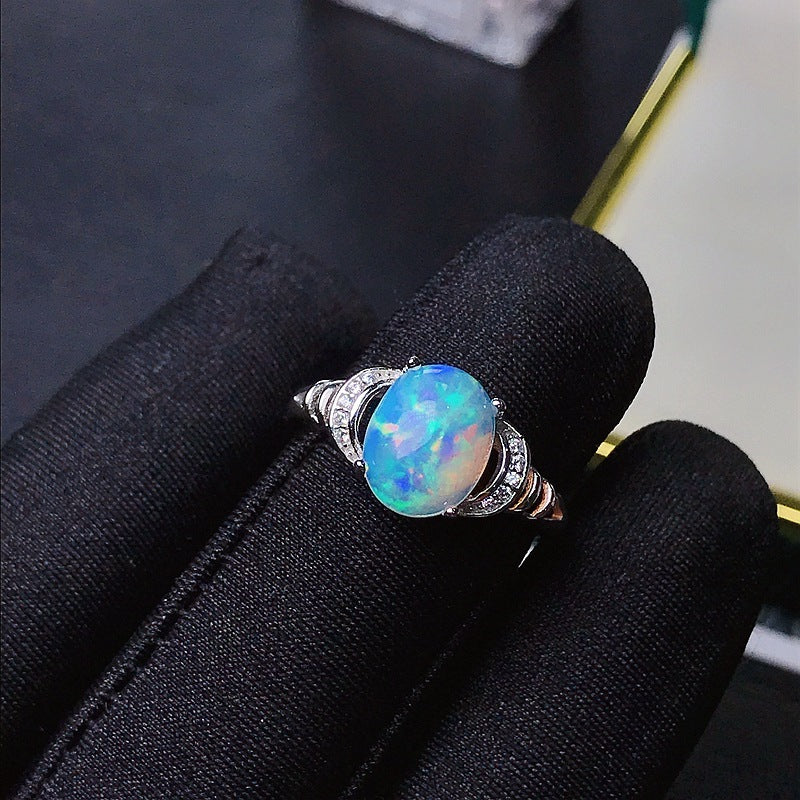 New Natural Opal 925 Silver Inlaid Ring