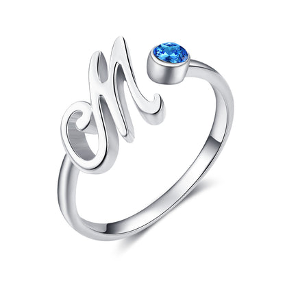 Bague initiale lettre M en cristal bleu en argent sterling 925