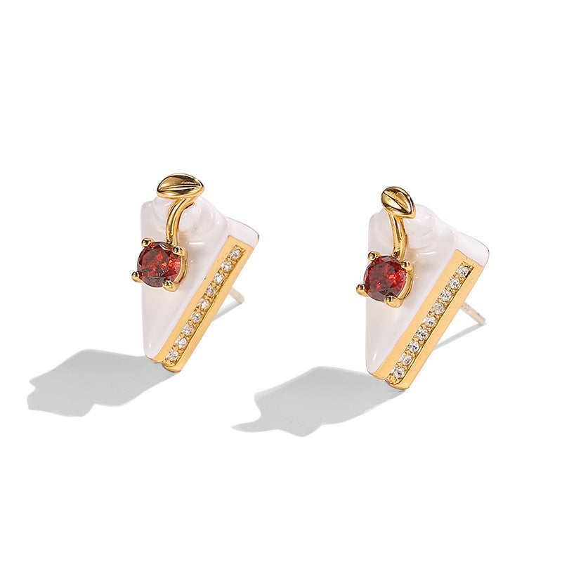 Enamel Glaze Diamond Cherry White Triangle Cake 925 Silver Stud Earrings